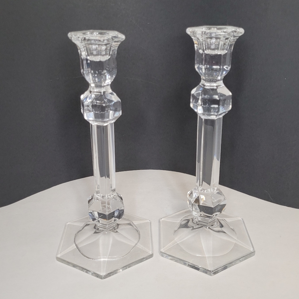Pair of Gorgeous Dramatic Tall Crystal Candlestick Candleholders Gardenia Style